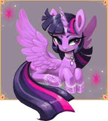 Size: 720x808 | Tagged: safe, artist:sunbusting, derpibooru import, twilight sparkle, twilight sparkle (alicorn), alicorn, pony, beautiful, blushing, female, horn jewelry, jewelry, lace, mare, pretty, prone, solo, spread wings