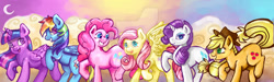 Size: 1024x309 | Tagged: safe, artist:cosmocatcrafts, derpibooru import, applejack, fluttershy, pinkie pie, rainbow dash, rarity, twilight sparkle, twilight sparkle (alicorn), alicorn, earth pony, pegasus, pony, unicorn, female, laughing, mane six, mare, smiling, watermark