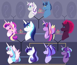 Size: 1950x1650 | Tagged: safe, artist:purplegrim40, night light, princess cadance, princess flurry heart, shining armor, tempest shadow, twilight sparkle, twilight sparkle (alicorn), twilight velvet, oc, alicorn, pony, unicorn, family tree, female, lesbian, magical lesbian spawn, male, nightvelvet, offspring, parent:princess cadance, parent:shining armor, parent:tempest shadow, parent:twilight sparkle, parents:shiningcadance, parents:tempestlight, shiningcadance, shipping, straight, tempestlight