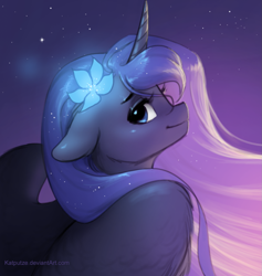 Size: 1211x1277 | Tagged: safe, artist:katputze, princess luna, alicorn, pony, bust, female, floppy ears, flower, flower in hair, looking at you, looking over shoulder, mare, portrait, profile, solo, spread wings, wings