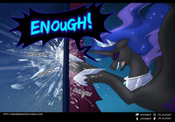 Size: 1200x837 | Tagged: safe, artist:cosmalumi, nightmare moon, alicorn, pony, alternate universe, eyes closed, female, hoof shoes, mare, shattered glass, solo, tumblr:ask queen moon, yelling