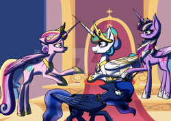 Size: 1024x723 | Tagged: safe, artist:earthyrainbowkitty, princess cadance, princess celestia, princess luna, twilight sparkle, twilight sparkle (alicorn), alicorn, pony, alicorn tetrarchy, alternate hairstyle, eyeliner, eyeshadow, horn ring, horseshoes, makeup, pregnant, prone, throne, watermark