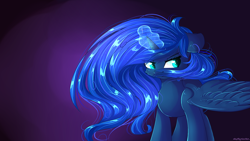 Size: 1920x1080 | Tagged: safe, artist:mitralexa, princess luna, alicorn, pony, female, floppy ears, frown, magic, mare, signature, solo, standing