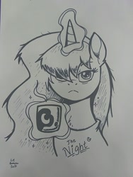 Size: 900x1200 | Tagged: safe, artist:latecustomer, princess luna, alicorn, pony, coffee, lineart, sleepy, traditional art