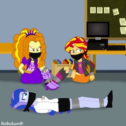 Size: 894x894 | Tagged: safe, artist:robukun, adagio dazzle, princess luna, sunset shimmer, vice principal luna, equestria girls, adagio dat-azzle, bondage, cloth gag, gag, tape bondage, tied up