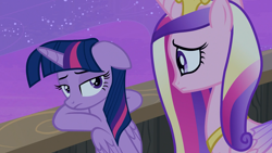 Size: 1920x1080 | Tagged: safe, screencap, princess cadance, twilight sparkle, twilight sparkle (alicorn), alicorn, pony, once upon a zeppelin, airship, floppy ears, looking over shoulder, night, sad, stars, zeppelin