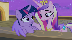 Size: 1920x1080 | Tagged: safe, screencap, princess cadance, twilight sparkle, twilight sparkle (alicorn), alicorn, pony, once upon a zeppelin, airship, frown, hug, smiling, winghug, zeppelin