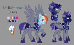 Size: 1400x850 | Tagged: safe, artist:cosmalumi, rainbow dash, pegasus, pony, armor, female, gray background, helmet, mare, scar, simple background, solo