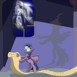 Size: 1024x1024 | Tagged: safe, artist:briarspark, derpibooru import, queen chrysalis, twilight sparkle, twilight sparkle (alicorn), alicorn, changeling, changeling queen, pony, checklist, female, lightning, mare