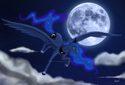 Size: 4331x2953 | Tagged: safe, artist:dragonauroralight, princess luna, alicorn, horse, pony, cloud, female, flying, hoers, mare, moon, night, signature, solo, spread wings, wings