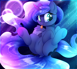 Size: 2400x2160 | Tagged: safe, artist:madacon, princess luna, alicorn, pony, belly button, color porn, cute, ethereal mane, featureless crotch, female, filly, lunabetes, mare, silly, silly pony, smiling, solo, starry mane, tongue out, underhoof, woona, younger