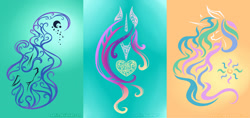 Size: 1024x483 | Tagged: safe, artist:reamin, princess cadance, princess celestia, princess luna, alicorn, pony, abstract, female, horn, lineart, mare, minimalist, modern art, solo, tattoo, tattoo design