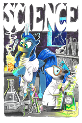 Size: 3300x4944 | Tagged: safe, artist:andypriceart, princess luna, tiberius, alicorn, pony, beaker, bone, book, chemistry, clothes, dr jekyll and mr hyde, erlenmeyer flask, goggles, lab coat, laboratory, magic, movie reference, science, skull, test tube, traditional art, young frankenstein