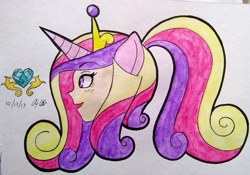 Size: 3030x2121 | Tagged: safe, artist:aloubell, princess cadance, human, bust, eared humanization, female, horned humanization, humanized, ponytail, portrait, profile, solo, traditional art