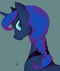 Size: 640x755 | Tagged: safe, artist:ehfa, princess luna, alicorn, pony, alternate hairstyle, braid, cute, female, green background, looking back, lunabetes, mare, simple background, smiling, solo