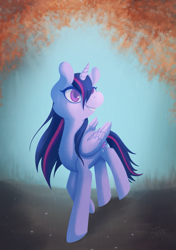 Size: 1247x1772 | Tagged: safe, artist:miss-cats, derpibooru import, twilight sparkle, twilight sparkle (alicorn), alicorn, pony, autumn, female, grin, mare, rain, solo, wet mane