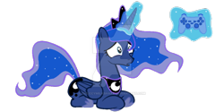 Size: 900x450 | Tagged: safe, artist:choccymilkshake, princess luna, alicorn, pony, controller, gamer luna, glowing horn, joystick, magic, simple background, solo, telekinesis, transparent background, watermark