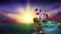 Size: 2258x1270 | Tagged: safe, artist:blackligerth, derpibooru import, twilight sparkle, twilight sparkle (alicorn), alicorn, pony, cliff, crepuscular rays, female, mare, ocean, rearing, solo, spread wings, sunset, twilight (astronomy)