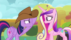 Size: 480x270 | Tagged: safe, screencap, princess cadance, twilight sparkle, twilight sparkle (alicorn), alicorn, pony, once upon a zeppelin, animated, cowboy hat, cute, gif, hat, one eye closed, twiabetes, unconvincing, waving, wing hands, wing wave, wink