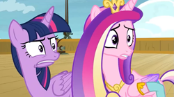 Size: 1067x597 | Tagged: safe, screencap, princess cadance, twilight sparkle, twilight sparkle (alicorn), alicorn, pony, once upon a zeppelin, faic, grimace