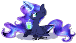 Size: 1862x1056 | Tagged: safe, artist:pixels-and-ponies, princess luna, alicorn, pony, colored wings, crossed hooves, drink, drinking, ear fluff, folded wings, food, glowing horn, levitation, long mane, looking at you, lying, magic, multicolored wings, profile, simple background, solo, telekinesis, transparent background