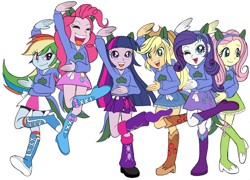 Size: 750x539 | Tagged: safe, artist:zimoguri, derpibooru import, applejack, fluttershy, pinkie pie, rainbow dash, rarity, twilight sparkle, twilight sparkle (alicorn), alicorn, equestria girls, boots, clothes, group pose, high heel boots, mane six, osomatsu-san, pose, sheeh pose, simple background, skirt, white background