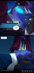 Size: 750x1603 | Tagged: safe, artist:cosmalumi, nightmare moon, pony, bed, comic, hoof blades, sleeping, tumblr:ask queen moon