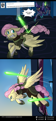 Size: 750x1599 | Tagged: safe, artist:cosmalumi, fluttershy, bat pony, pegasus, pony, unicorn, blast, comic, magic, magic blast, metal claws, night guard, sky, tumblr:ask queen moon, wingless, wingless bat pony