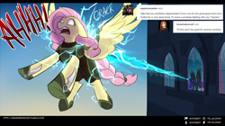 Size: 1500x837 | Tagged: safe, artist:cosmalumi, fluttershy, nightmare moon, pegasus, pony, magic, this will end in pain, tumblr:ask queen moon