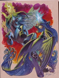 Size: 1813x2379 | Tagged: safe, artist:andypriceart, princess luna, queen chrysalis, alicorn, changeling, changeling queen, pony, angry, colored pencil drawing, duo, fangs, female, fight, glowing horn, mare, traditional art