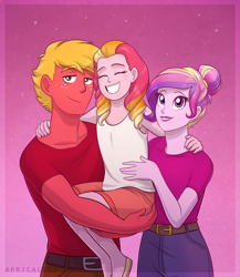 Size: 1109x1280 | Tagged: safe, artist:feellikeaplat, big macintosh, dean cadance, princess cadance, oc, oc:honeycrisp blossom, equestria girls, alternate universe, cadmac, crack shipping, cute, equestria girls-ified, family, family photo, female, honeycrisp tales, male, offspring, parent:big macintosh, parent:princess cadance, parents:cadmac, pink background, shipping, simple background, straight