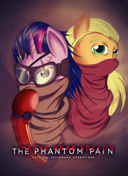 Size: 1636x2248 | Tagged: safe, artist:fluffydus, derpibooru import, applejack, twilight sparkle, earth pony, pony, big boss, clothes, crossover, goggles, metal gear, metal gear solid, revolver ocelot, scar, scarf, spoilers in the comments, venom snake