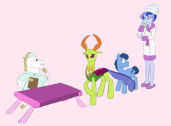 Size: 1699x1250 | Tagged: safe, artist:carnifex, blues, bulk biceps, noteworthy, princess luna, thorax, vice principal luna, changedling, changeling, earth pony, pegasus, pony, equestria girls, changeling king, clothes, king thorax, one of these things is not like the others, pink background, simple background, slippers, time action glory challenge