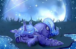 Size: 1000x657 | Tagged: safe, artist:mikenlos, princess luna, alicorn, pony, color porn, cute, eyes closed, female, filly, flop, grass, lunabetes, moon, night, prone, s1 luna, sleeping, solo, spread wings, stars, wings, woona, younger