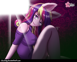 Size: 1235x1000 | Tagged: safe, artist:clouddg, dean cadance, princess cadance, equestria girls, breasts, clothes, female, light, looking at you, pony ears, sexy, signature, smiling, solo