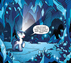 Size: 1166x1036 | Tagged: safe, artist:tonyfleecs, idw, shining armor, pony, unicorn, spoiler:guardians of harmony, cave, crystal, glowing horn, guardians of harmony, horn, male, official comic, raised hoof, speech bubble, stallion