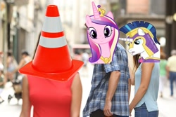 Size: 2159x1440 | Tagged: safe, artist:tjpones, edit, princess cadance, shining armor, pony, unicorn, distracted boyfriend meme, female, irl, male, photo, pylon, shiningcadance, shipping, straight, traffic cone, wat