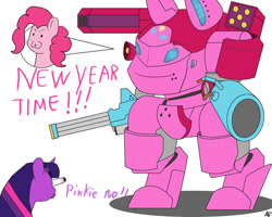 Size: 999x799 | Tagged: safe, artist:mopyr, derpibooru import, pinkie pie, twilight sparkle, earth pony, pony, >:3, dialogue, eye popping, gun, mech, new year, simple background, weapon, white background