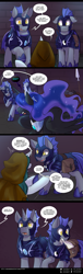 Size: 950x3142 | Tagged: safe, artist:cosmalumi, nightmare moon, oc, oc:bright eyes, pony, unicorn, comic:ask queen moon, cloak, clothes, comic, ethereal mane, female, fire, mare, night guard, saddle bag, starry mane, torch, tumblr:ask queen moon