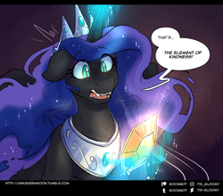 Size: 950x837 | Tagged: safe, artist:cosmalumi, nightmare moon, pony, element of kindness, ethereal mane, female, glowing horn, magic, starry mane, telekinesis, tumblr:ask queen moon