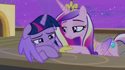 Size: 1920x1080 | Tagged: safe, screencap, princess cadance, twilight sparkle, twilight sparkle (alicorn), alicorn, pony, once upon a zeppelin, comforting, floppy ears, hug, lip bite, winghug