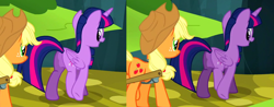 Size: 1114x436 | Tagged: safe, derpibooru import, screencap, applejack, twilight sparkle, twilight sparkle (alicorn), alicorn, earth pony, pony, trade ya, animation error, butt, female, looking back, mare, nudity, open mouth, plot, smiling, walking