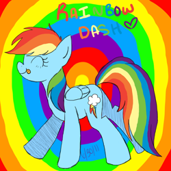 Size: 900x900 | Tagged: safe, artist:applejackderp, rainbow dash, pegasus, pony, closed, commission, female, folded wings, mare, rainbow background, smiling, solo, text, tongue out, wings