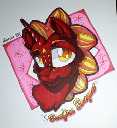 Size: 550x600 | Tagged: safe, artist:mychelle, oc, oc:bonfire bouquet, pony, unicorn, bust, portrait, solo, traditional art