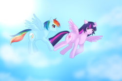 Size: 1080x720 | Tagged: safe, artist:madokami-tier, rainbow dash, twilight sparkle, twilight sparkle (alicorn), alicorn, pegasus, pony, flying