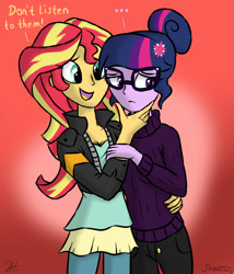 Size: 600x700 | Tagged: safe, artist:shimazun, derpibooru import, sci-twi, sunset shimmer, twilight sparkle, equestria girls, friendship games, female, glasses, lesbian, scitwishimmer, shipping, sunsetsparkle