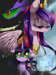 Size: 1800x2400 | Tagged: safe, artist:loyaldis, king sombra, princess cadance, twilight sparkle, alicorn, pony, umbrum, unicorn, crying, crystal heart, dark magic, floppy ears, glowing horn, lidded eyes, magic, raised hoof, sad, sombra eyes, spread wings, wings