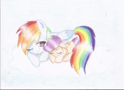 Size: 2338x1700 | Tagged: dead source, safe, artist:rynalin, rainbow dash, scootaloo, pegasus, pony, scootalove, traditional art