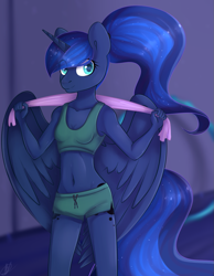 Size: 939x1209 | Tagged: safe, artist:renka2802, artist:tigra0118, princess luna, alicorn, anthro, alternate hairstyle, belly button, breasts, clothes, colored pupils, cute, ethereal mane, eye clipping through hair, female, looking at you, lunabetes, mare, midriff, ponytail, signature, skinny, small breasts, smiling, smiling at you, solo, sports bra, sports shorts, starry mane, towel