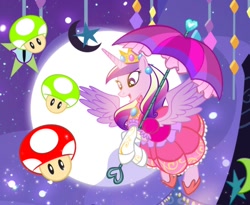 Size: 1000x818 | Tagged: source needed, safe, artist:pixelkitties, princess cadance, alicorn, pony, 1-up mushroom, clothes, costume, crossover, cute, cutedance, ear piercing, earring, female, halloween, halloween costume, holiday, jewelry, piercing, princess peach, super mario bros., super mushroom